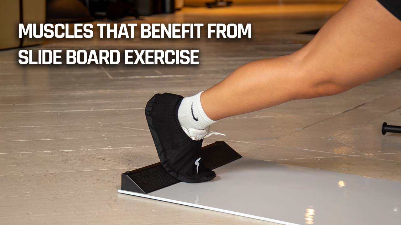 muscles that benefit from slide board exercises graphic showcasing a leg in action with UltraSlide slide board 
