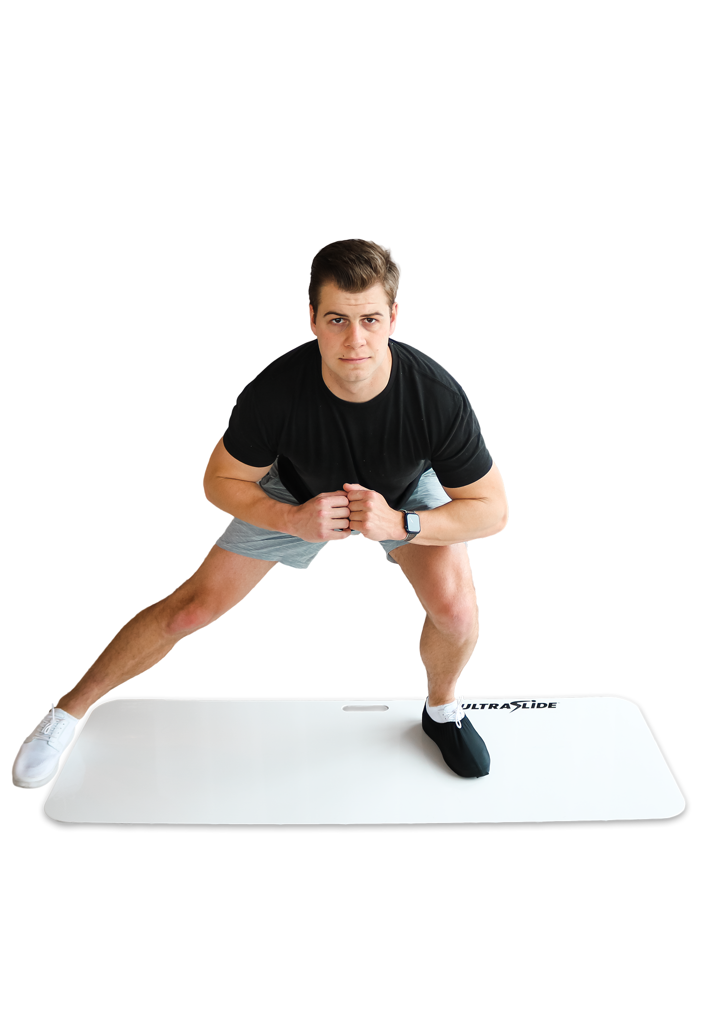Man exercising on a white Ultraslide 5 StretchBoard with a transparent background